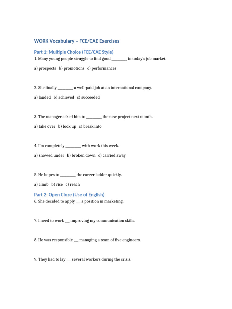 FCE/CAE Work Vocabulary Exercises | PDF