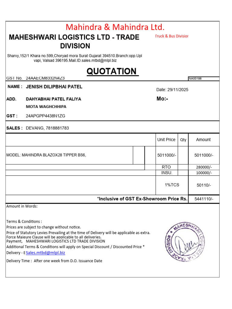 Mahindra BlazoX28 Tipper Quotation | PDF