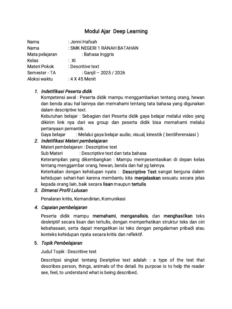 Modul Ajar Descriptive Text Bahasa Inggris | PDF