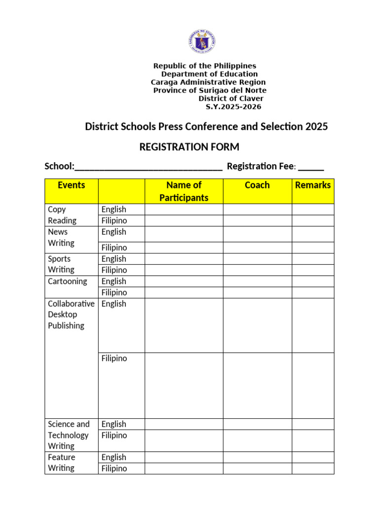 Claver District Schools Press Conference Registration 2025 | PDF