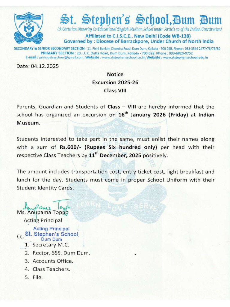 Notice For Excursion Class Viii | PDF