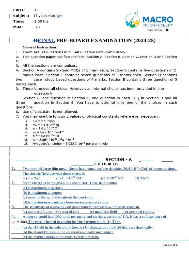 Class XII - (Set-B Physics Pre-board-Vishal Pandey Sir) | PDF ...
