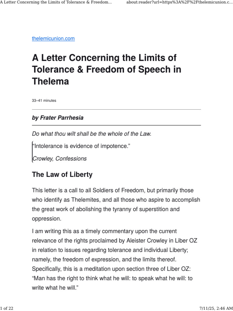 A Letter Concerning The Limits of Tolerance & Freedom of Speech in ...