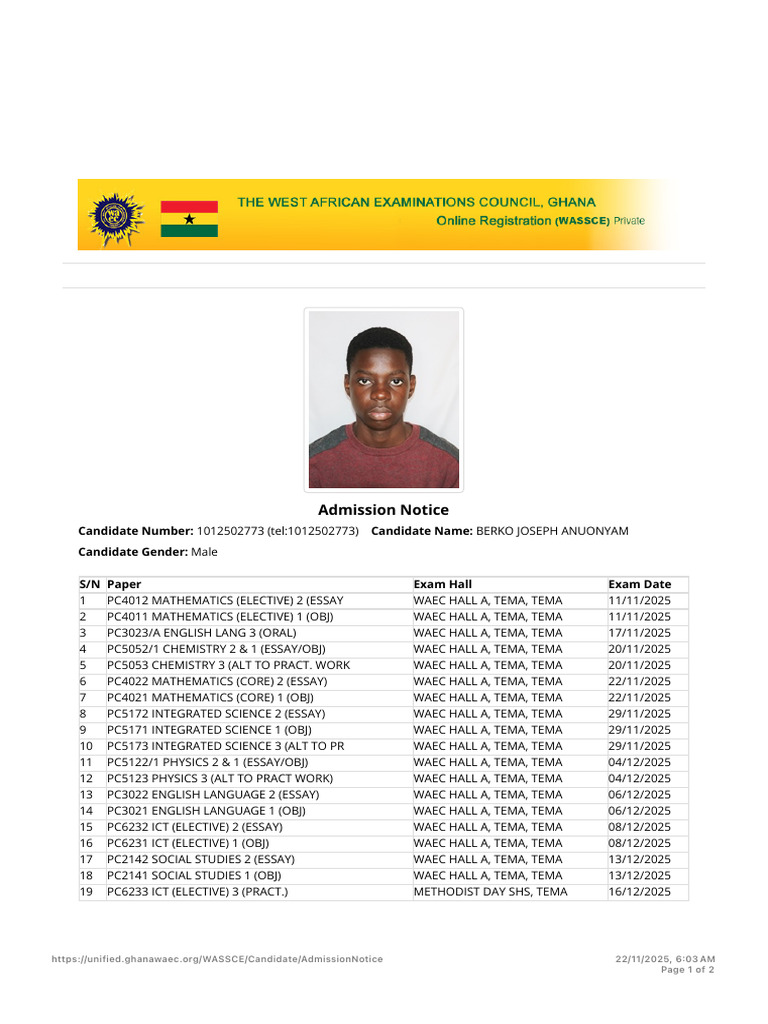 WAEC Admission Notice for 2025 Exams | PDF | Secondary Education ...