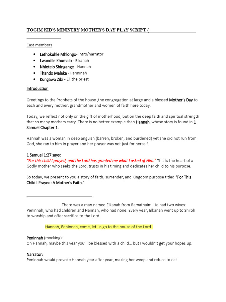 Mother's Day Play Script: Hannah's Faith | PDF | Samuel