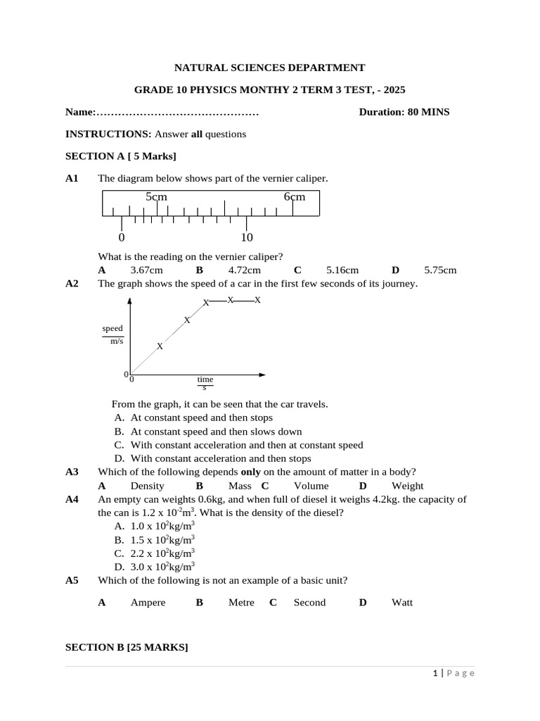Grade 10 Physics Term 3 Test 2025 | PDF | Velocity | Acceleration