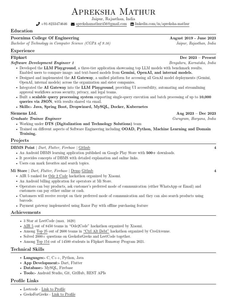 Software Engineer Profile: Apreksha Mathur | PDF | Databases | Android ...