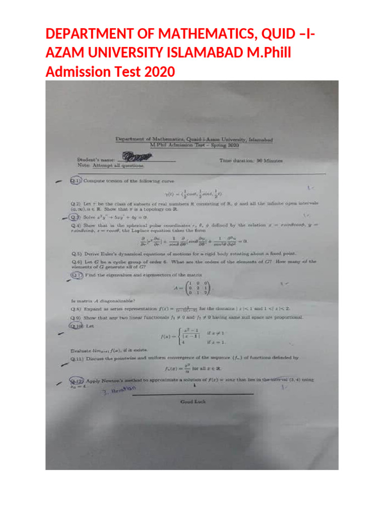 Department of Mathematics Quid –i Azam University Islamabad m.phill ...