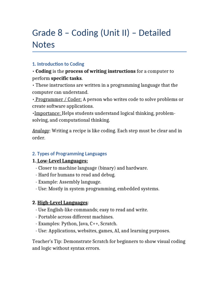 Grade 8 Coding Unit II Overview | PDF | Source Code | Computer Programming