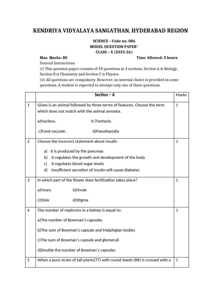 Class X Science Model Question Paper 2025-26 | PDF | Salt (Chemistry ...