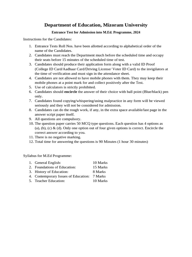 M.Ed Entrance Test Instructions 2024 | PDF
