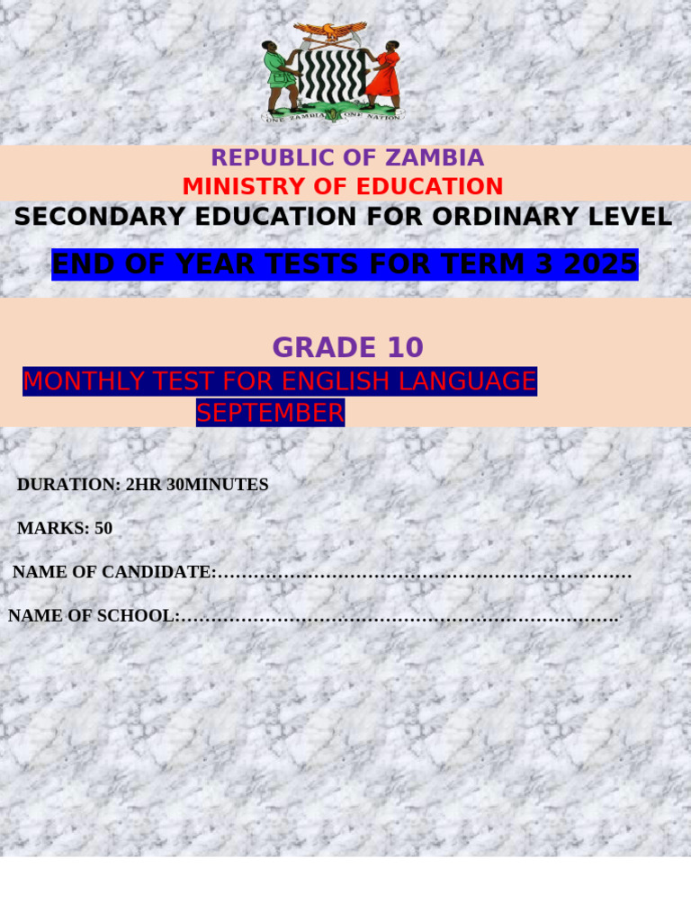 Grade 10 English Language Test 2025 | PDF | Zambia | Economies