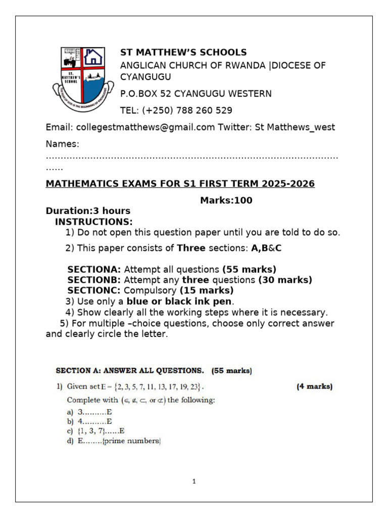 S1 Mathematics Exam Term 1 2025-2026 | PDF | Empty Set | Mathematics