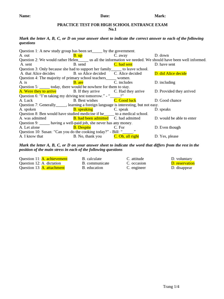 High School Entrance Exam Practice Test | PDF | Question