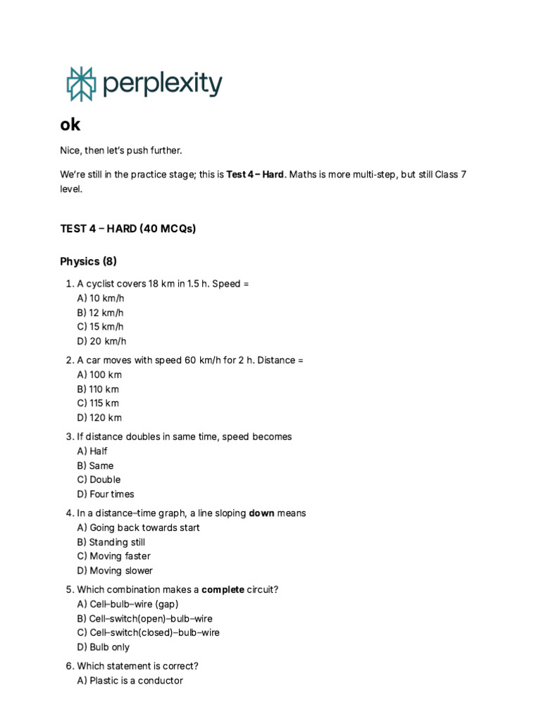 Class 7 Hard Test: 40 MCQs in Science & Maths | PDF | Wire | Acid