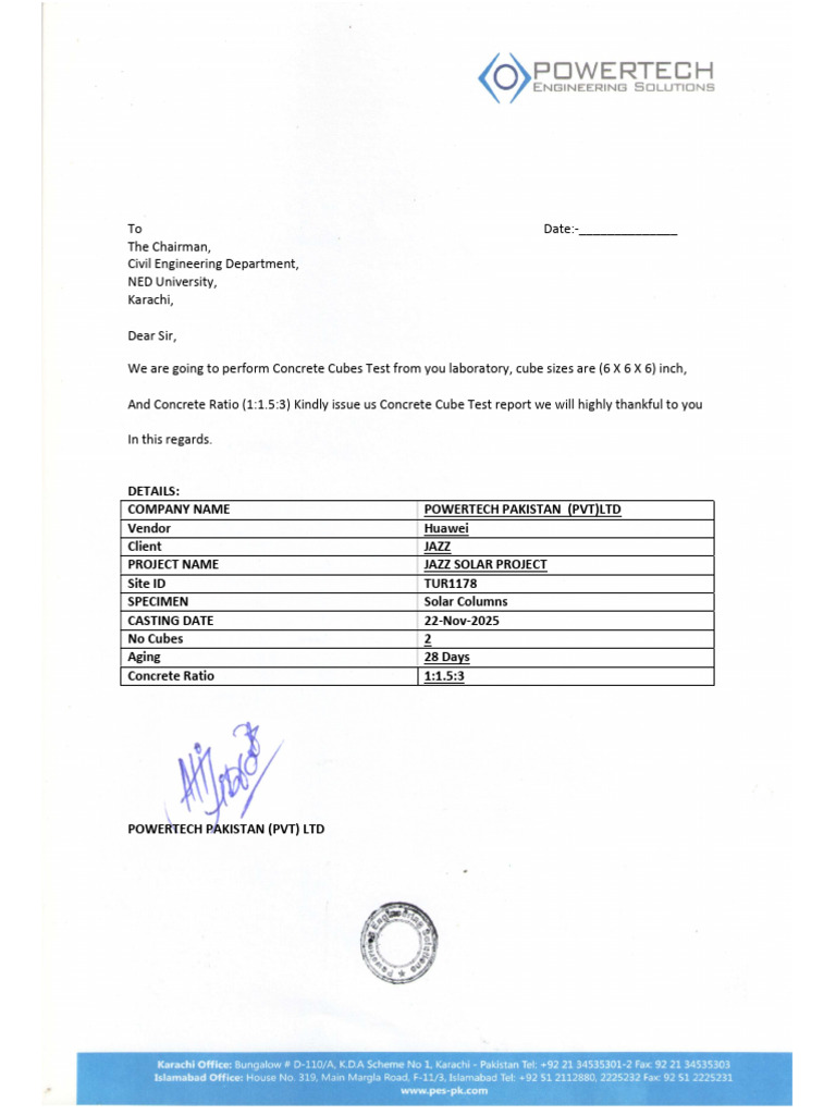 TUR1178 SC 28 Days Cube Test Request Letter | PDF