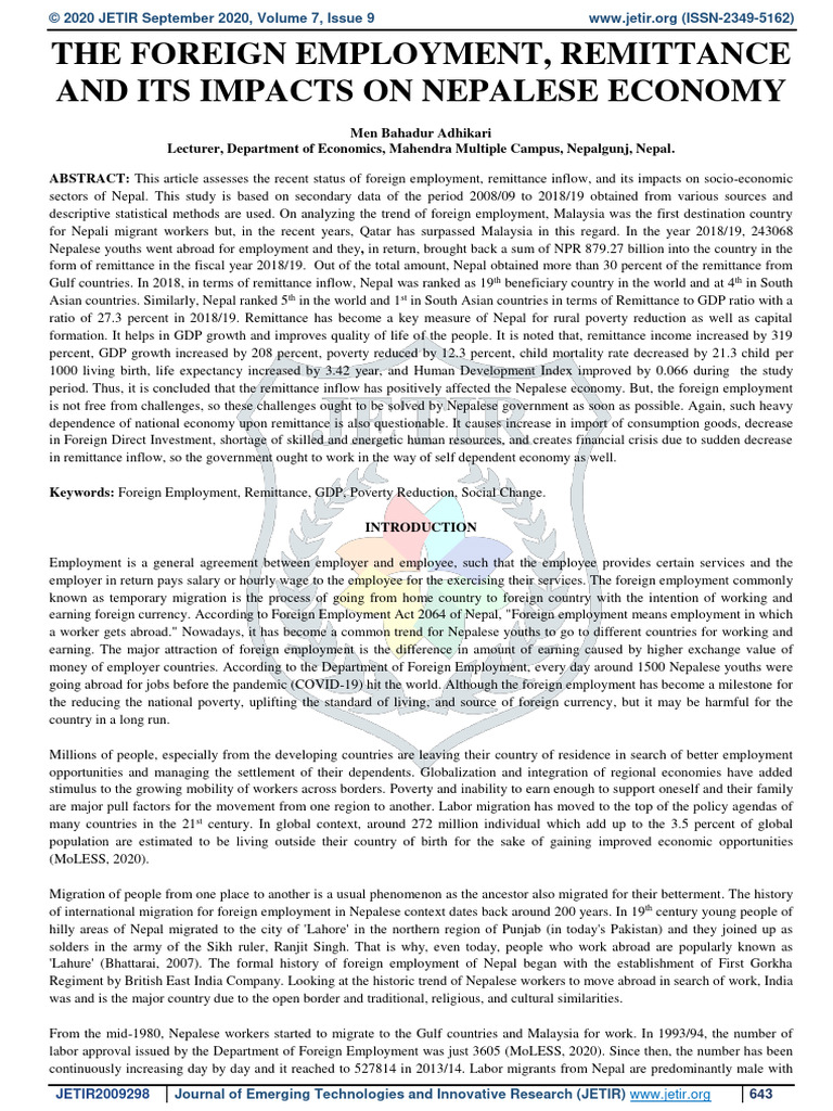 Impact of Remittances on Nepal's Economy | PDF | Migrant Worker ...