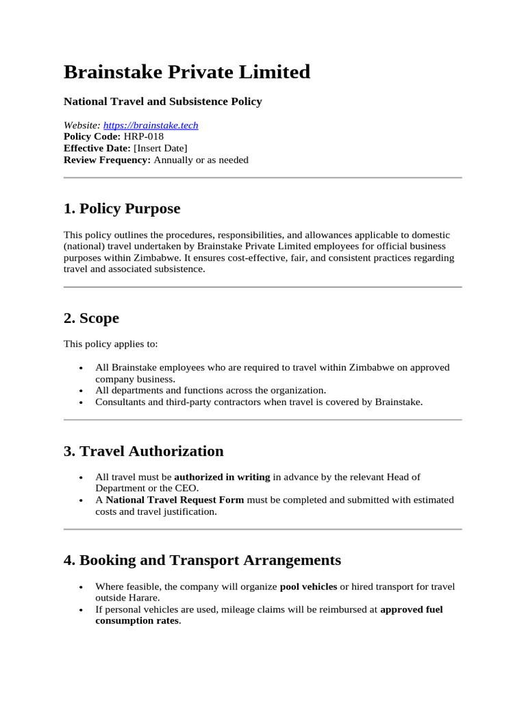 Brainstake Travel and Subsistence Policy | PDF
