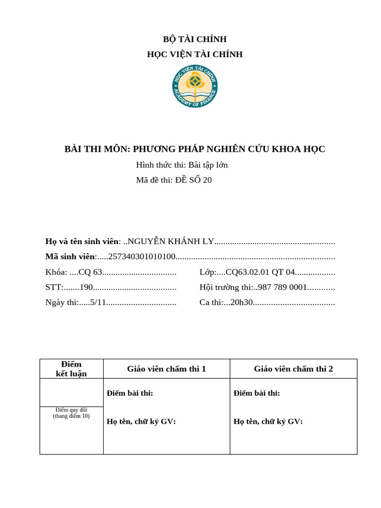 2025 - 11 - T Bìa 1 Bài Thi Môn PPNCKH | PDF