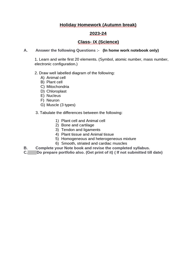 Class IX Science Holiday Homework 2023-24 | PDF
