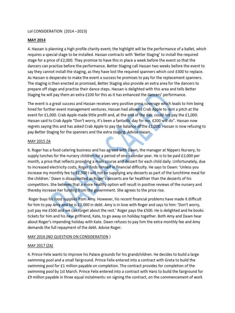 Consideration Past Paper Questions Copy | PDF | Renting