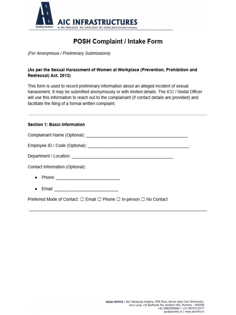 POSH Complaint Intake Form Template | PDF | Harassment | Sexual Harassment