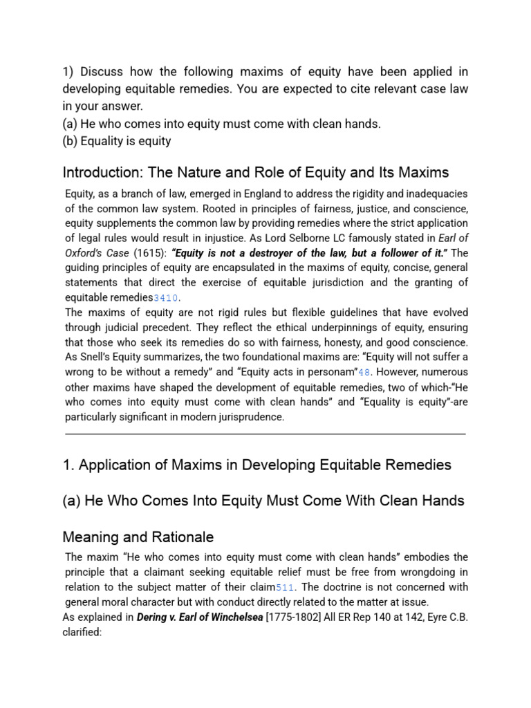 Maxims of Equity Answers | PDF | Equity (Law) | Legal Remedy