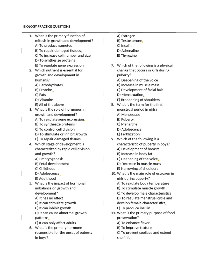 Biology Practice Questions | PDF | Nervous System | Puberty
