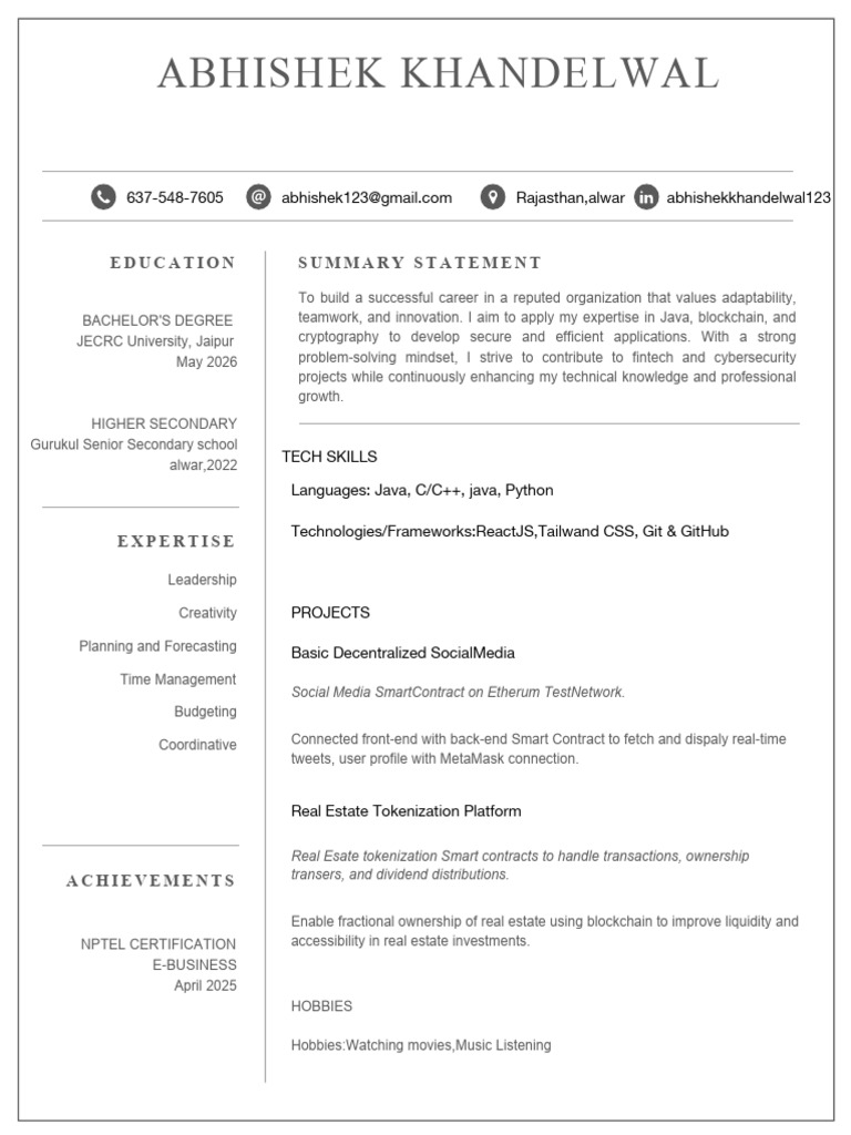 Java & Blockchain Developer Resume | PDF