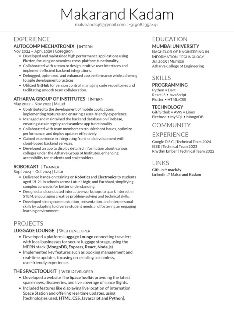 Makarand Kadam: Software Developer Resume | PDF | Mobile App | Computing