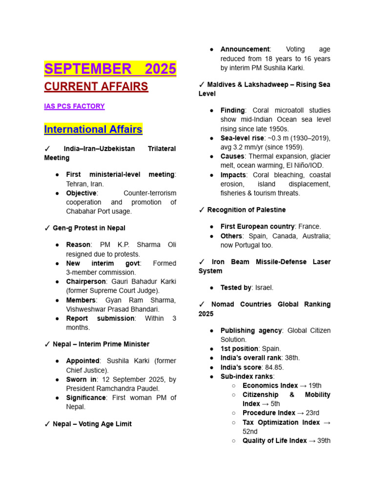 September 2025 Current Affairs Summary | PDF