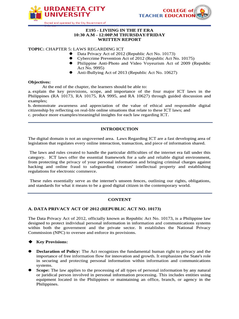 Philippine ICT Laws Overview | PDF | Bullying | Cybercrime
