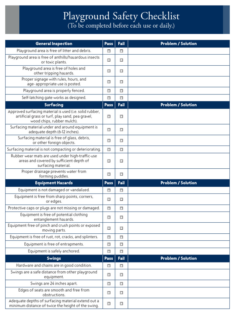 Playground Safety Inspection Checklist | PDF | Playground