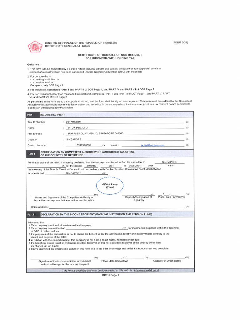 TikTok Pte. LTD.-DGT Form - 2024 | PDF