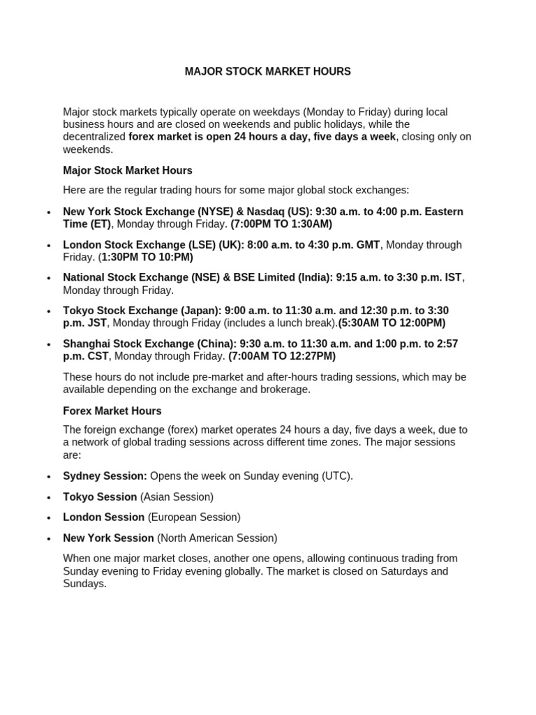 Global Stock Market Trading Hours | PDF