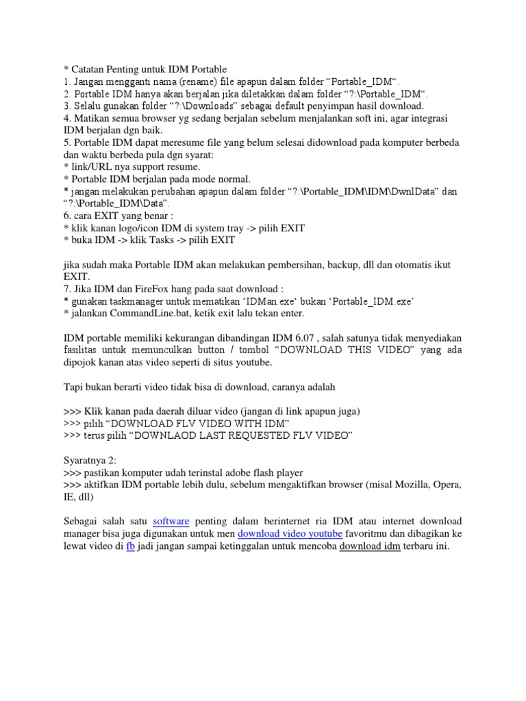 Catatan Penting Untuk Idm Portable