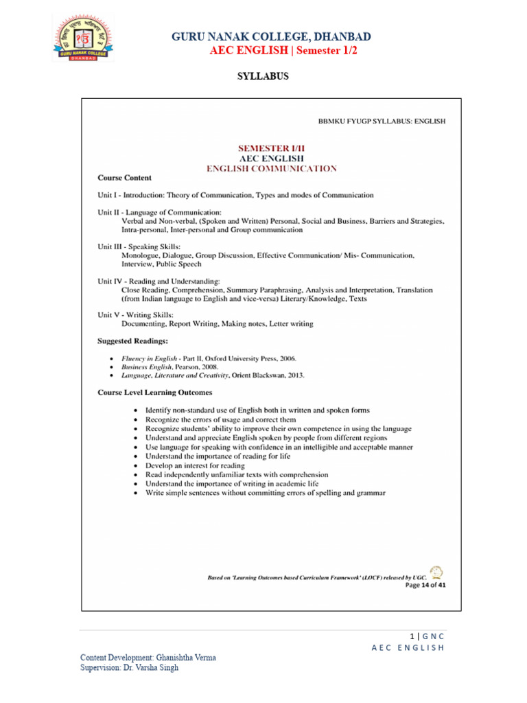 AEC English Syllabus - Guru Nanak College | PDF | Communication ...