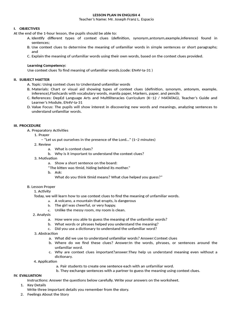 Context Clues Lesson Plan for Grade 4 | PDF | Lesson Plan | Linguistics