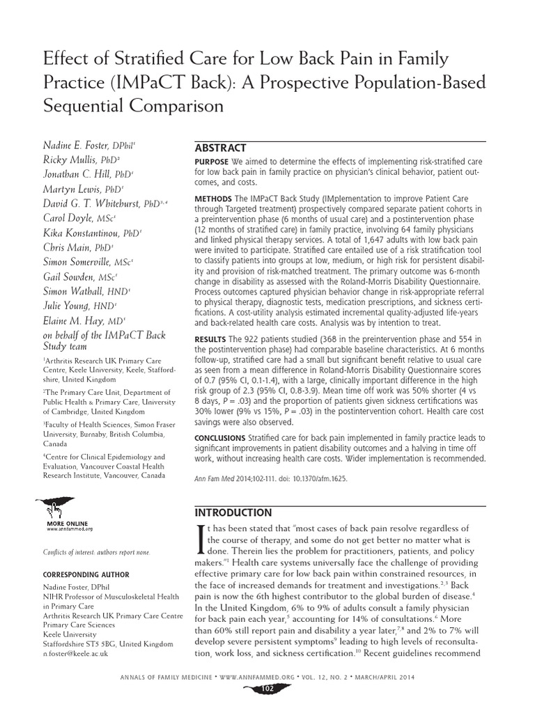 Stratified Care for Low Back Pain Study | PDF | Physical Therapy | Pain