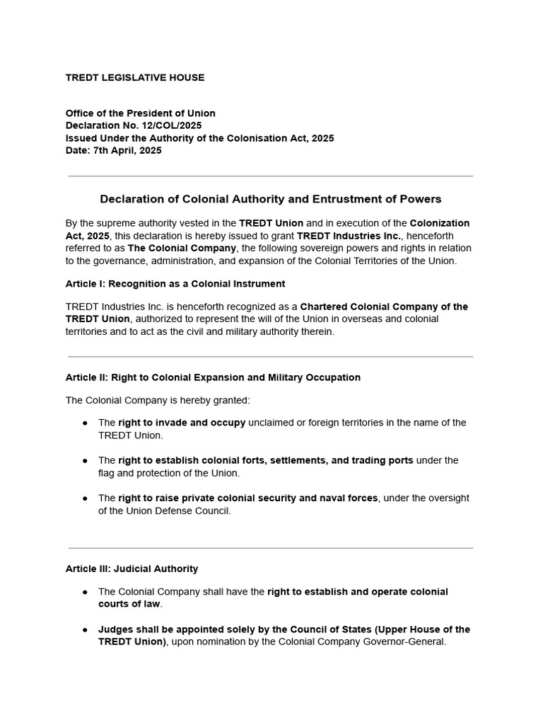 Declaration of Colonial Authority and Entrustment of Powers To TREDT ...