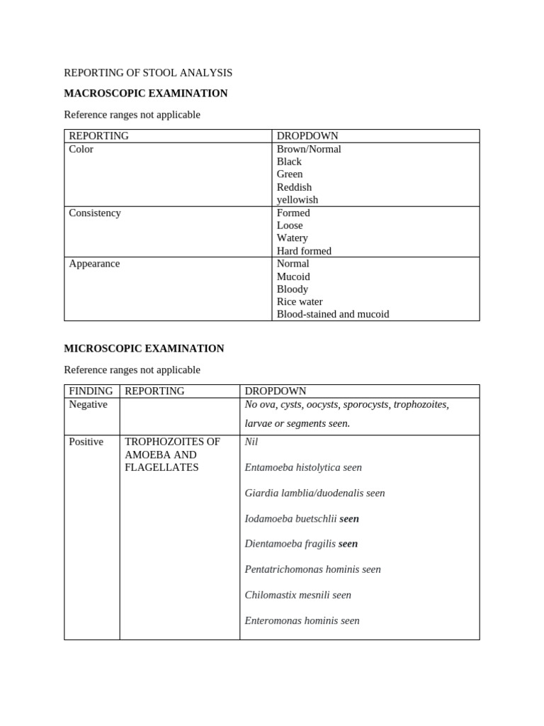 Stool Analysis Reporting Guide | PDF | Parasitology | Microbiology