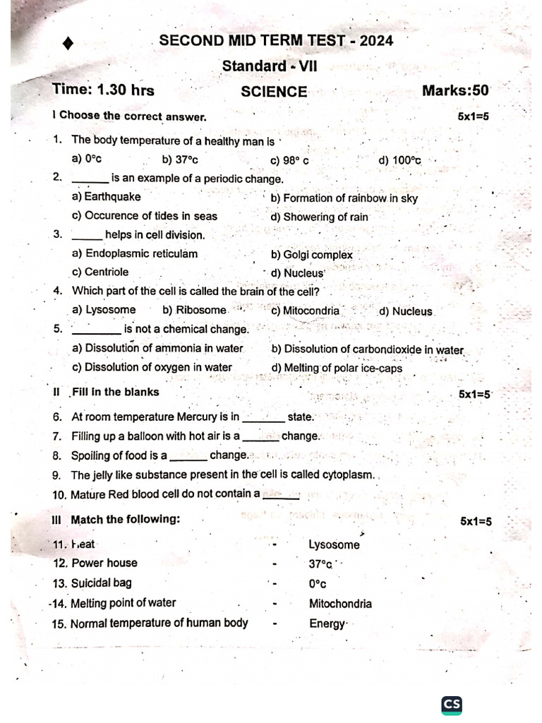 7th Science 2nd Mid Term Exam 2024 Original Question Paper Ranipet ...