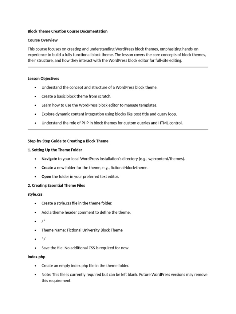 WordPress Block Theme Creation Guide | PDF | Word Press | Php