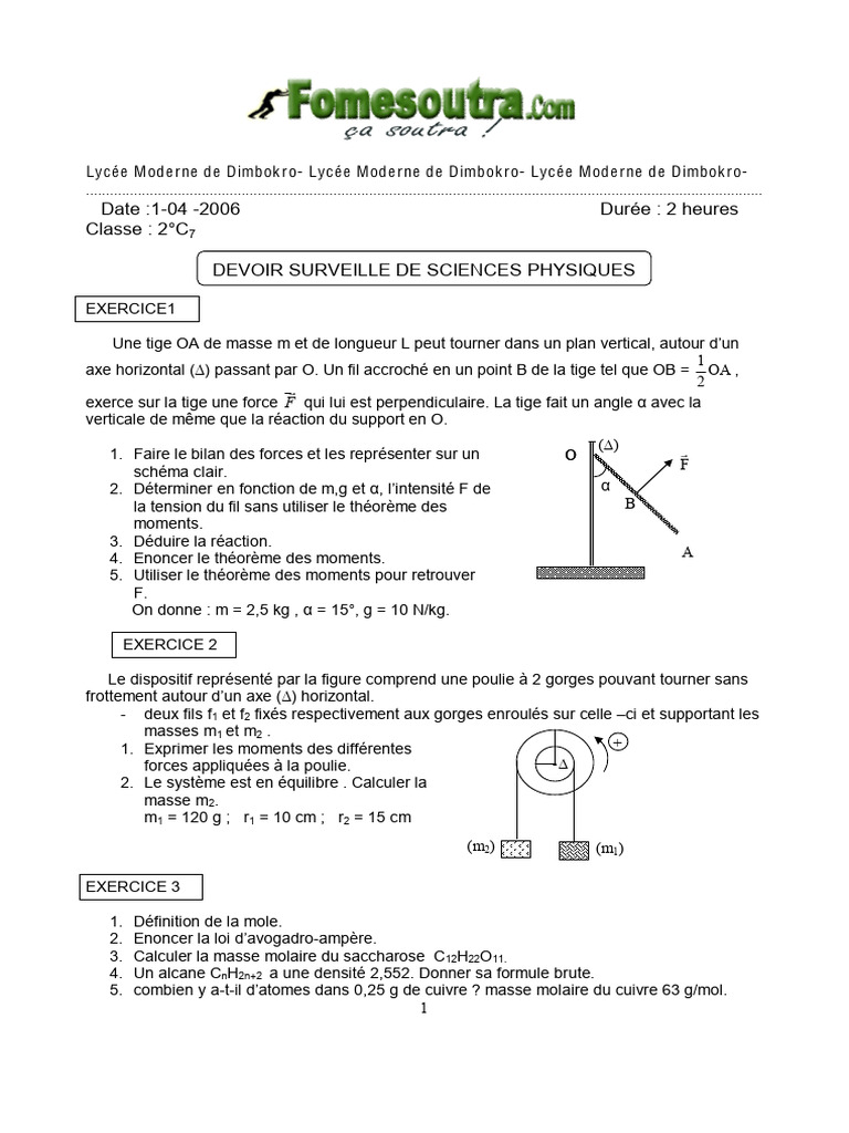 Devoir de Sciences Physiques 2°C7 | PDF | Sciences physiques | Chimie