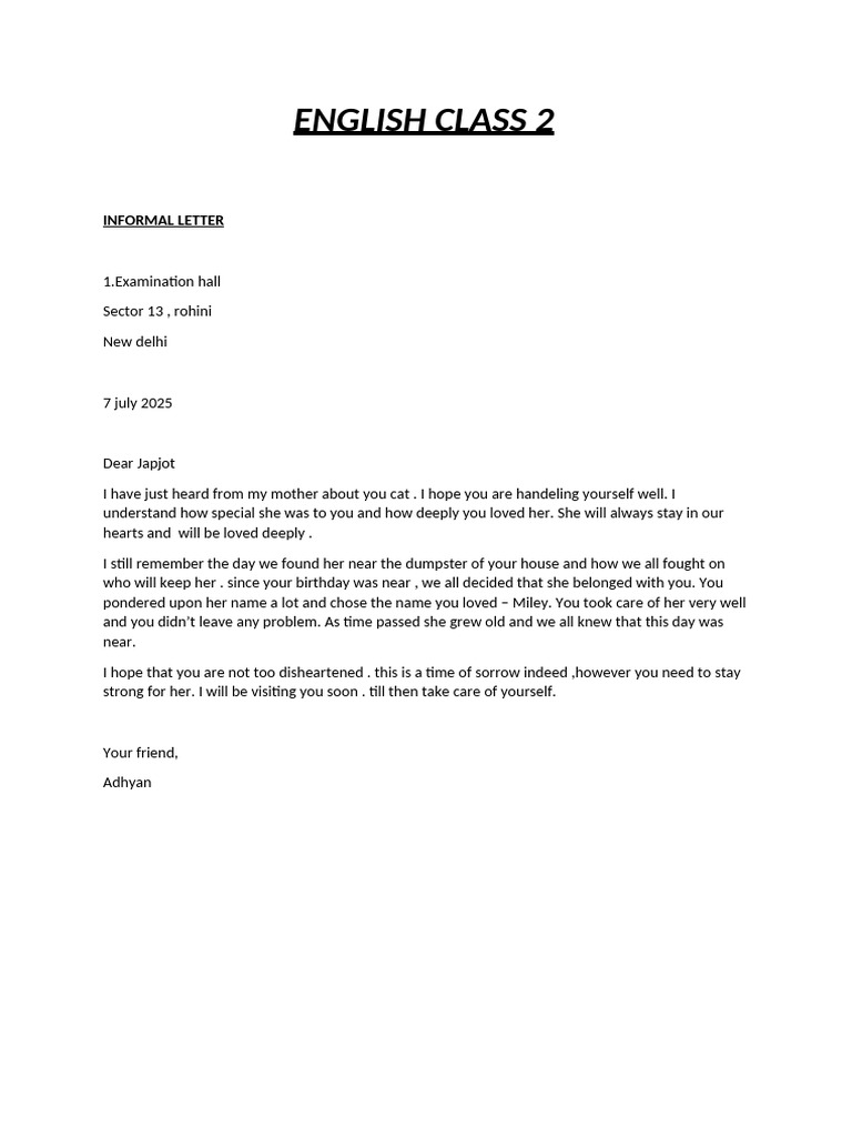 Informal Letters for English Class 2 | PDF
