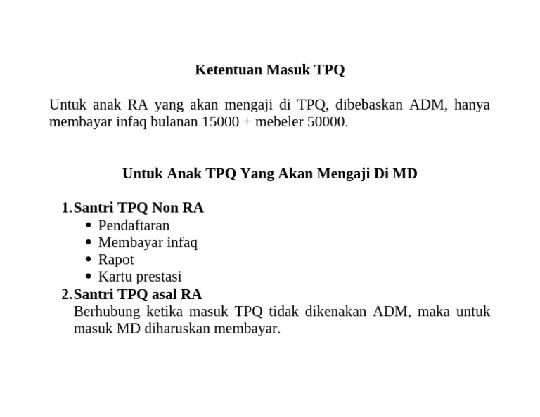 Ketentuan Masuk TPQ dan MD | PDF