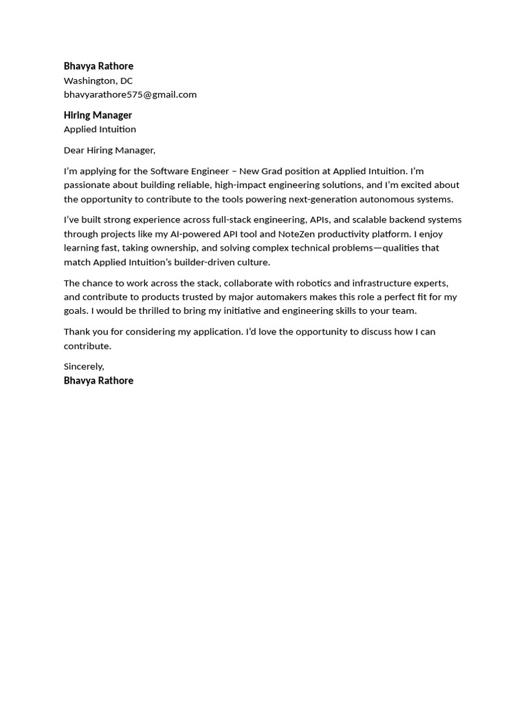 Software Engineer Application - Bhavya Rathore | PDF