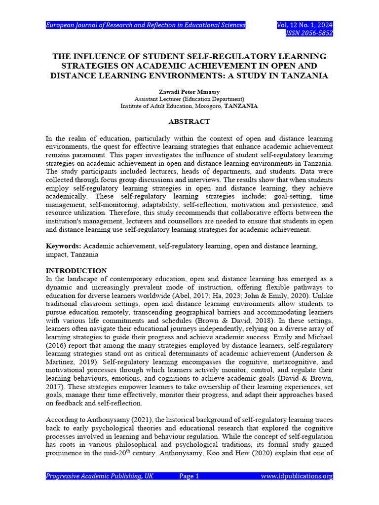 Self-Regulatory Learning in Distance Education | PDF | Learning | Self ...