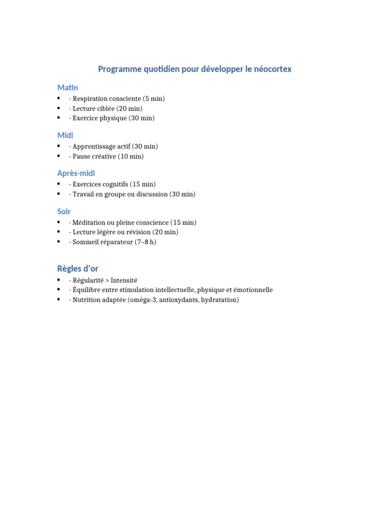 Programme quotidien pour stimuler le néocortex | PDF