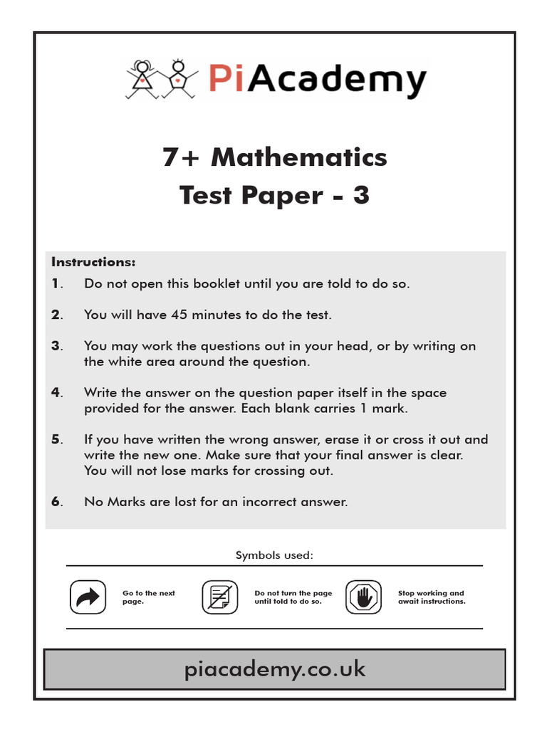 7+ Maths Test Paper - Practice Questions | PDF